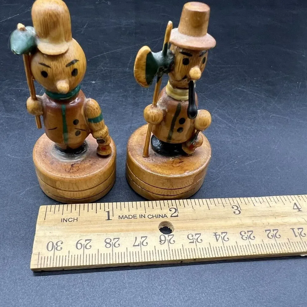 Vtg 2 Wood Handpainted Pencil Sharpeners Pipe Tophat Hiking Staff Midievel Tool